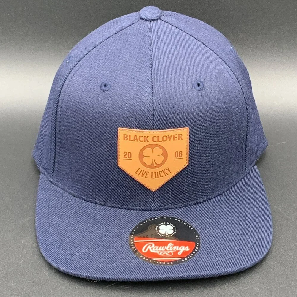 Rawlings Black Clover Hat Flat Bill Leather Patch Navy Blue Acrylic Wool S/M New